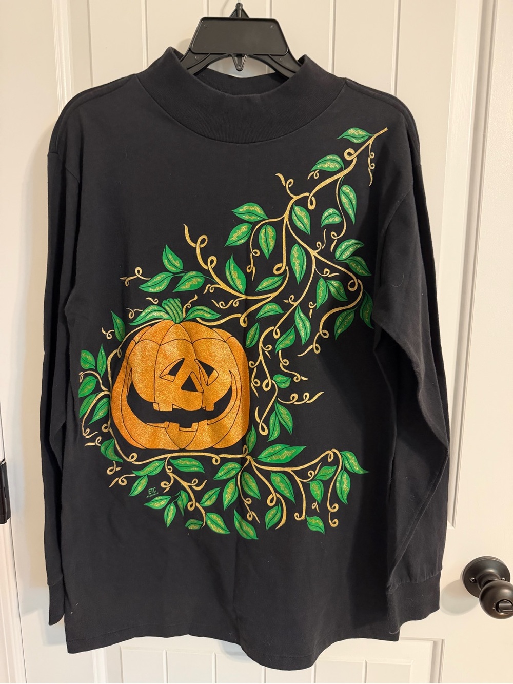 Vintage 90’s Pumpkin Graphic Long-Sleeve Tee with Green Vine Detail
